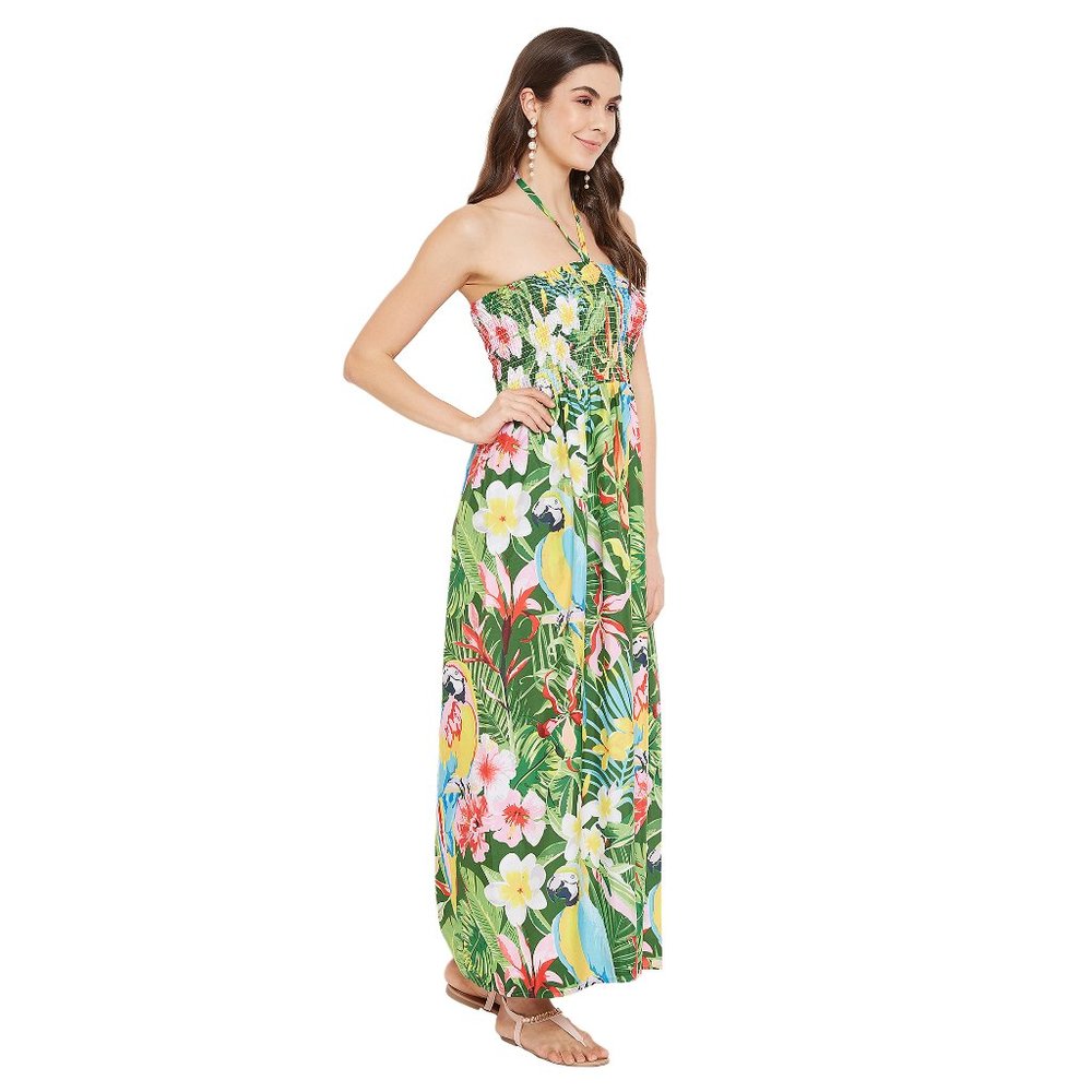 Leaf Print Green Polyester Tube Dress for Women - Picture 3 of 6